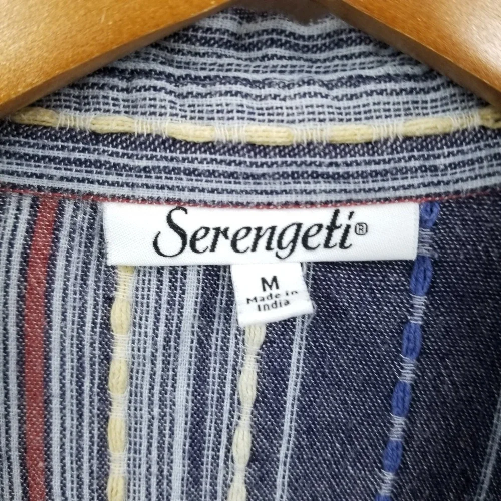 Serengeti Blouse Women M Blue‎ Striped Cotton Long Roll Sleeve Hippie Boho Slim